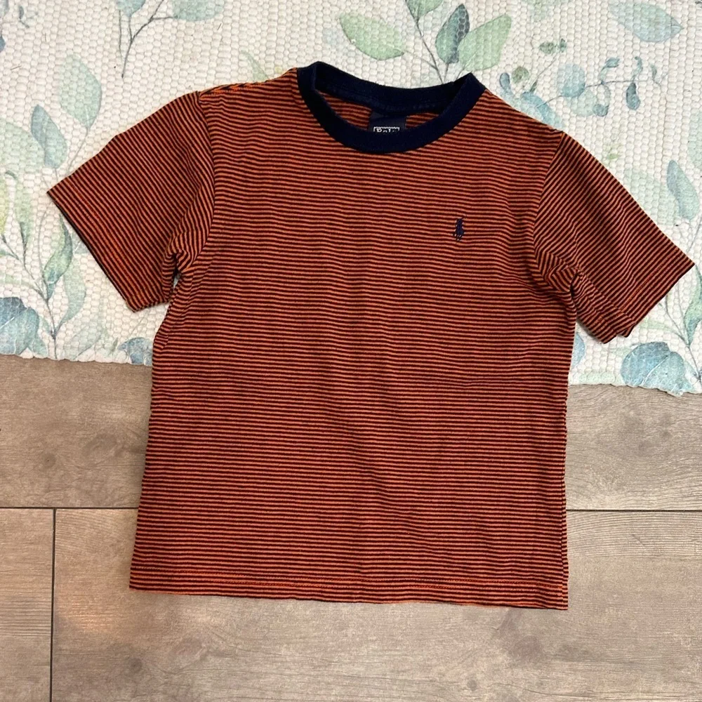 Rare Vintage Polo Ralph Lauren Little Boys Orange and Navy Striped Tee Size 5